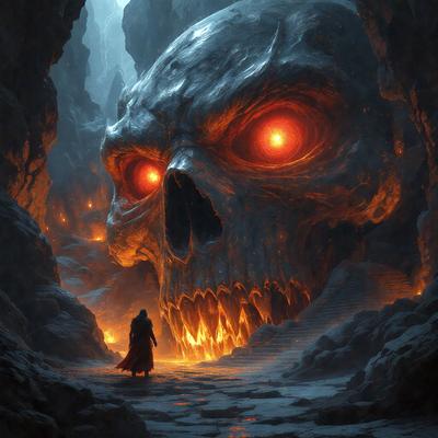 The primary subject of the image is a person walking through a cave, with a large, demonic-looking skull as the main object. The setting is a cave with a fire, and the visual style appears to be a digital art or illustration. The dominant colors in the image are red and orange, creating a fiery and intense atmosphere.